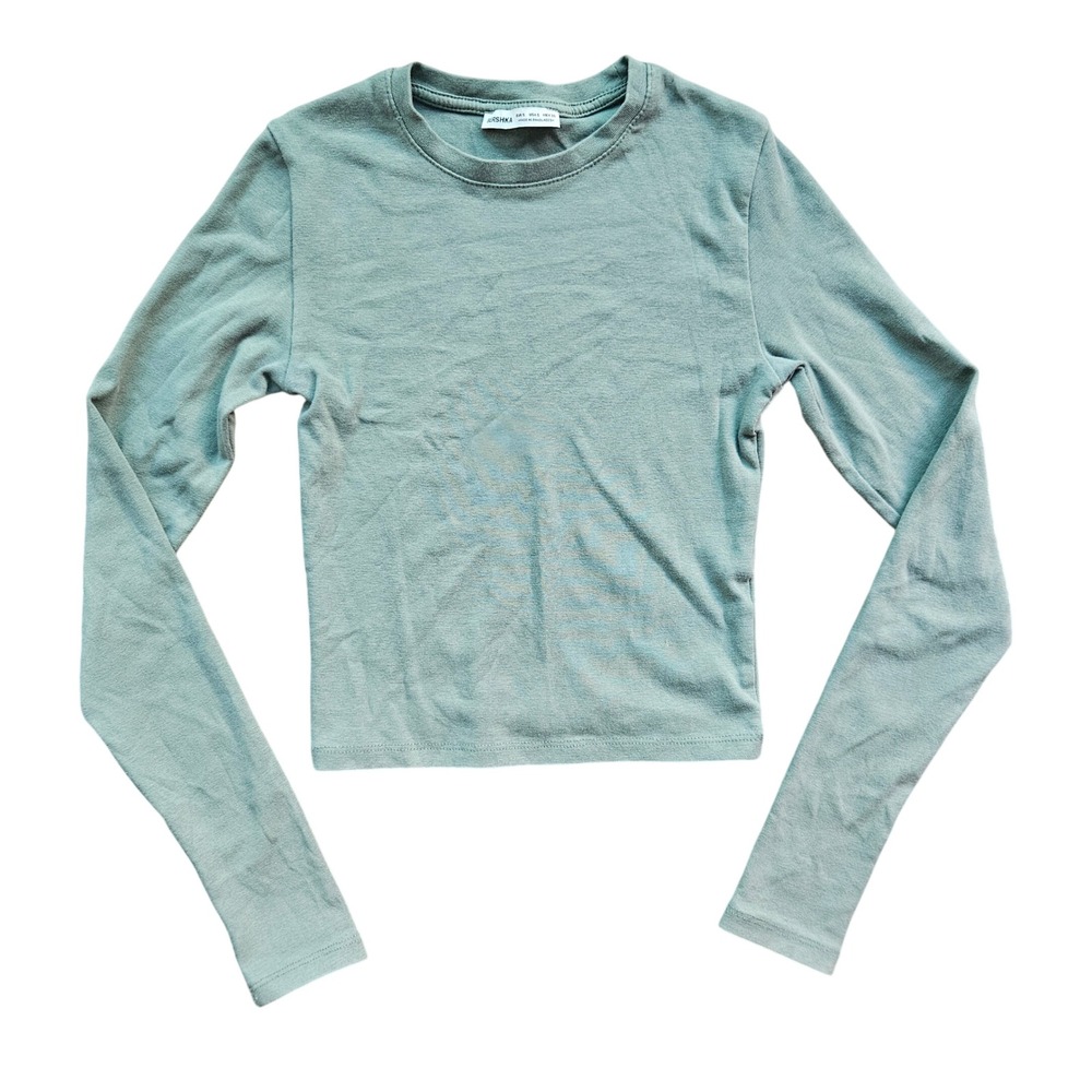 Bershka Womens Sage Green Long Sleeve Cropped Crew Neck T-Shirt Small EUR S US S